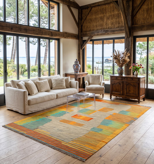 Grand tapis kilim ancien d'Anatolie aux nuances de gris et motifs contemporains ocre et turquoise, habillant un salon chic au Cap Ferret. Ce tissage artisanal unique s'harmonise parfaitement avec une table basse design en verre, un canapé et un fauteuil crème.