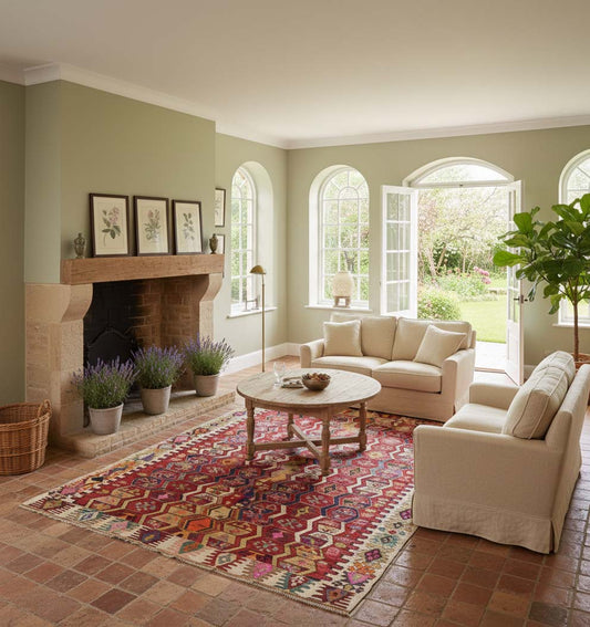 Kilim Adana 275 x 190 cm en situation dans un intérieur moderne – Décoration provenance Adana