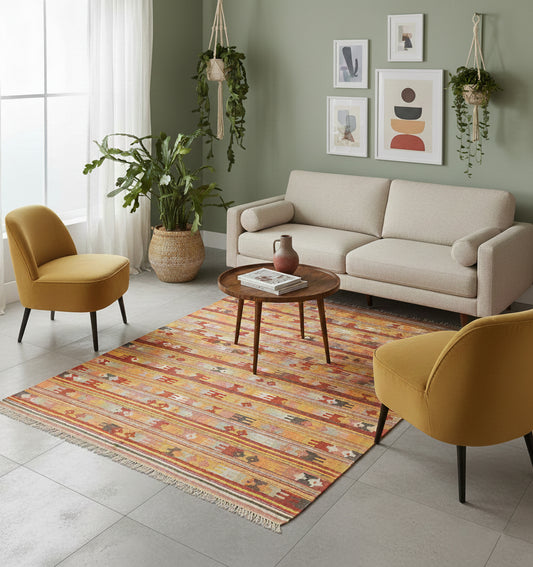 Kilim Afyon 217 x 142 cm en situation dans un intérieur moderne – Décoration provenance Afyon