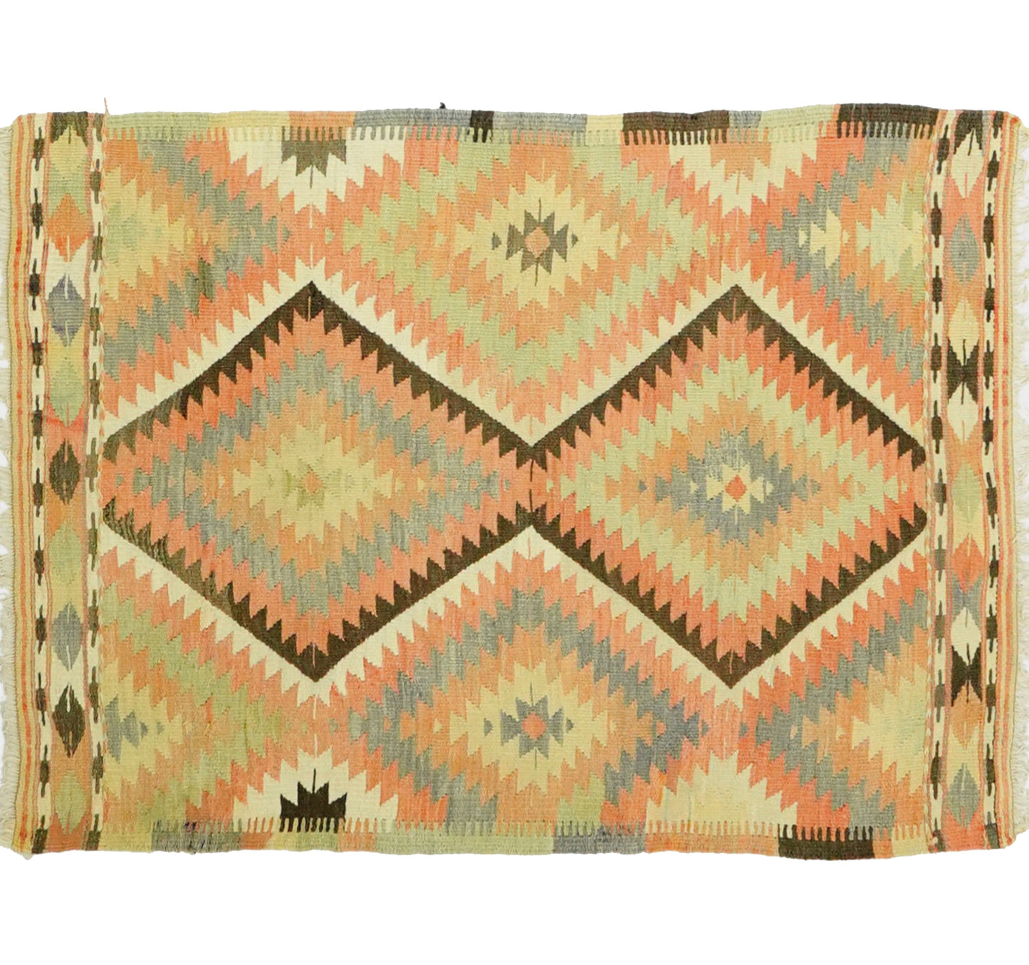 Tapis kilim ancien Barak 135×110 cm, vue d'ensemble – Laine naturelle, environ 55 ans, Anatolie du Sud-Est