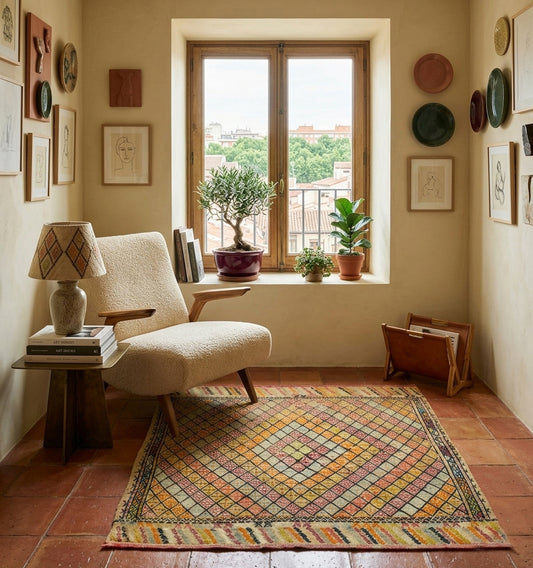 Kilim anatolien aux motifs de losanges délicats et teintes poudrées, sublimant un coin lecture bohème chic avec fauteuil en bouclé blanc sur un sol en tomettes anciennes authentiques.