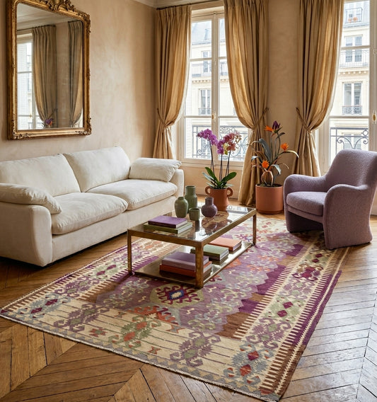 Kilim ancien aux tons mauve et crème sublimant un salon parisien avec moulures, miroir doré et mobilier contemporain aux teintes lavande.