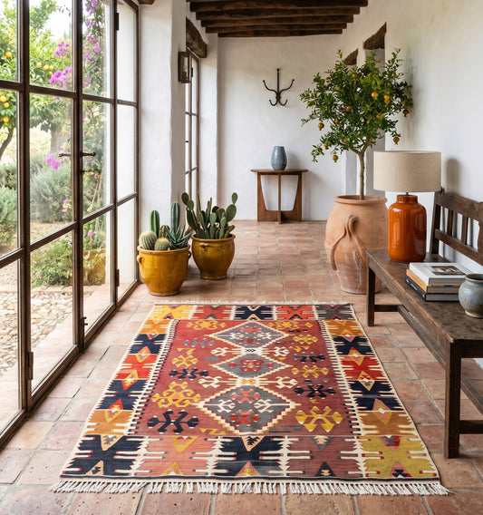 Kilim ancien de Pozantı, Anatolie, motifs géométriques rouge, ocre et indigo tissés main en laine naturelle, dans une entrée méditerranéenne lumineuse à Montpellier.