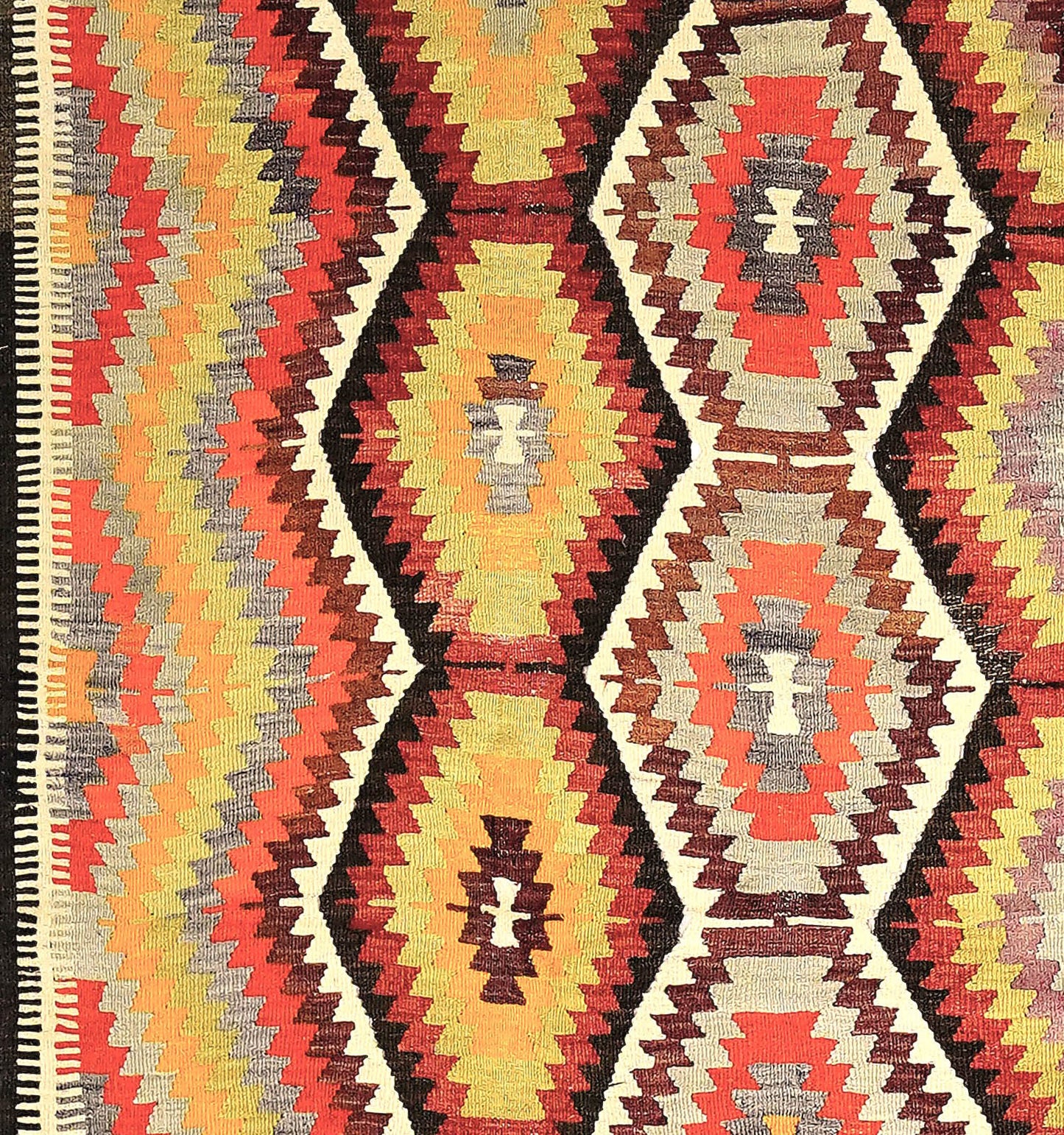 Détail du tissage – Tapis kilim ancien Antalya 232×220 cm, laine naturelle tissée main