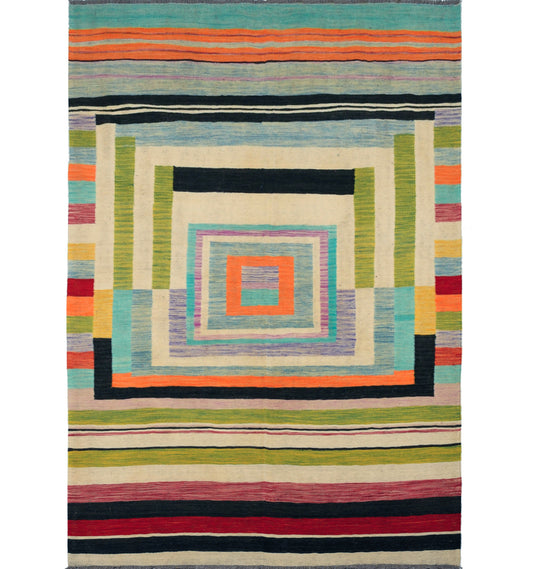 Kilim Art Deco 255 x 176 cm – Tapis en laine tissé main, provenance Nord Ouest-Afghanistan