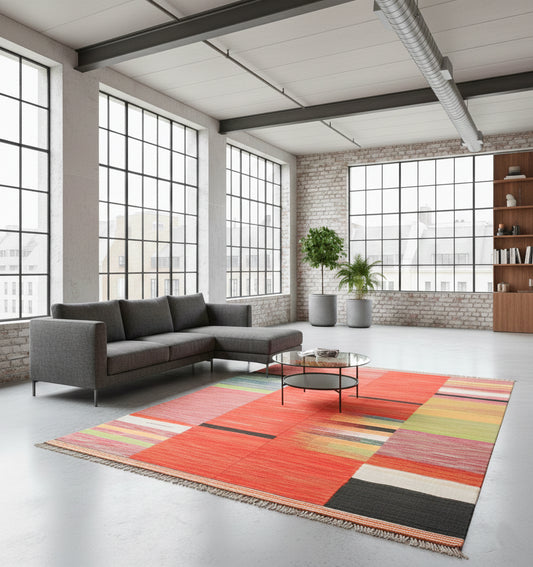 Kilim Art Deco 308 x 201 cm en situation dans un intérieur moderne – Décoration provenance Nord Ouest-Afghanistan