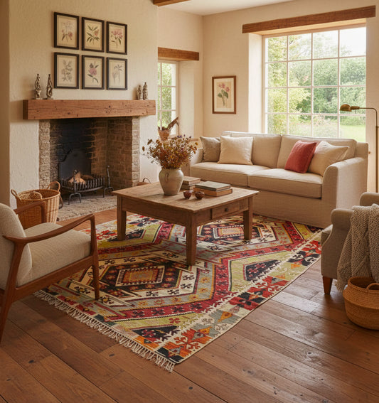 Kilim Avsar 255 x 146 cm en situation dans un intérieur moderne – Décoration provenance Avsar