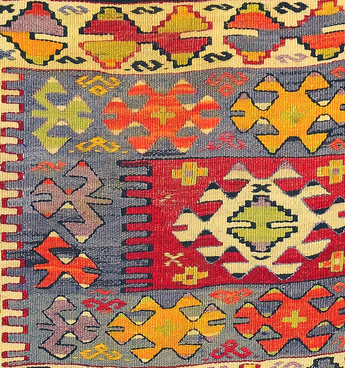 Détail du tissage – Tapis kilim ancien Aydin 300×172 cm, laine naturelle tissée main