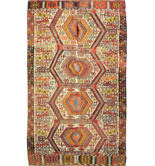 Kilim ancien Aydin 340×190 cm – Tapis kilim tissé main en laine naturelle, Anatolie de l'Ouest
