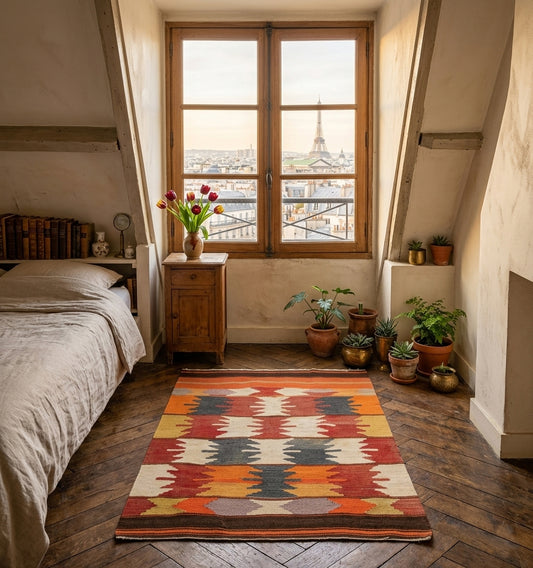 Petit tapis kilim pour chambre Usak tissé main (100 x 73 cm) aux motifs géométriques orange, jaune et gris, disposé dans une chambre mansardée parisienne avec parquet en point de Hongrie. La scène montre un lit bas avec linge en lin, une table de nuit ancienne avec des tulipes rouges, plusieurs plantes en pots et une vue directe sur la Tour Eiffel par la fenêtre en bois.
