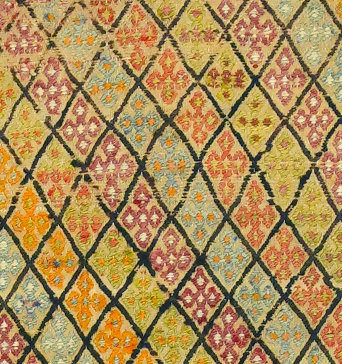 Détail du tissage – Tapis kilim ancien Cicim 127×113 cm, laine naturelle tissée main
