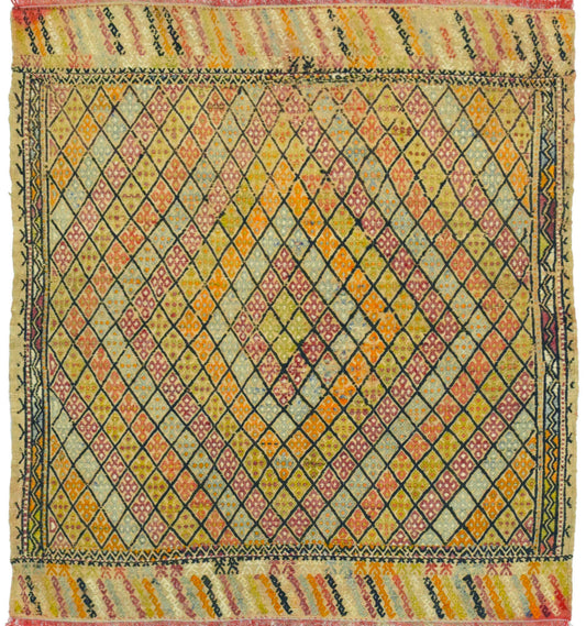 Kilim ancien Cicim 127×113 cm – Tapis kilim tissé main en laine naturelle, Anatolie Centrale / Est
