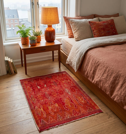 Kilim cicim ancien d'Anatolie rouge profond aux motifs dorés tissé main en laine naturelle, en descente de lit dans une chambre scandinave à Strasbourg.