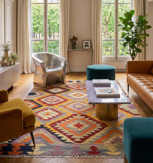 Très grand tapis kilim moldave vintage tissé main aux motifs floraux colorés, mis en situation dans un salon Haussmannien élégant à Paris avec parquet point de Hongrie, canapés en velours orange et vert, table basse en marbre violet et fauteuil design en métal argenté. Vue sur un balcon filant depuis de grandes fenêtres.