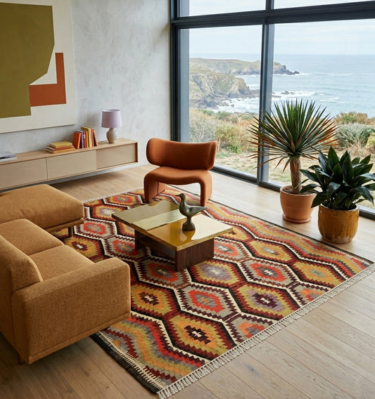 Grand tapis Kilim contemporain aux motifs hexagonaux colorés (ocre, rouge, vert), structurant un salon de luxe moderne avec mobilier design terracotta, parquet clair et vue spectaculaire sur l'océan à travers de grandes baies vitrées.