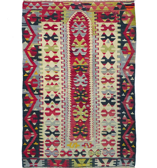 Kilim ancien Esme 130×100 cm – Tapis kilim tissé main en laine naturelle, Anatolie de l'Ouest (Égée)