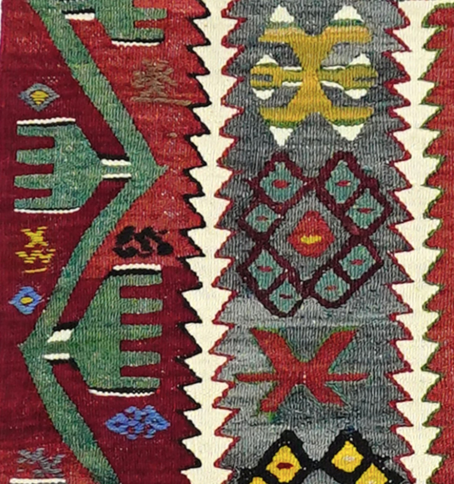 Détail du tissage – Tapis kilim ancien Esme 150×110 cm, laine naturelle tissée main