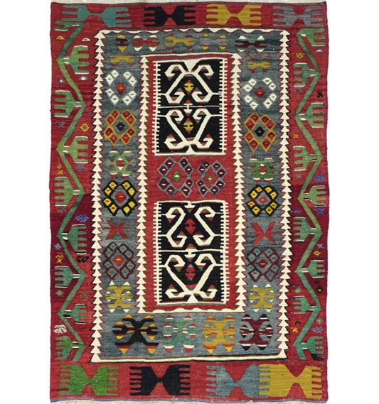 Kilim ancien Esme 150×110 cm – Tapis kilim tissé main en laine naturelle, Anatolie de l'Ouest (Égée)