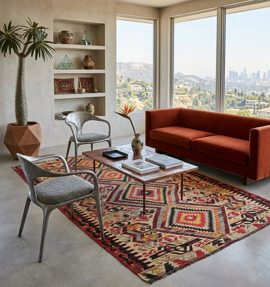 Tapis Kilim Esme vintage aux motifs losanges colorés dans un salon design avec canapé terracotta, chaises en métal et vue sur Hollywood