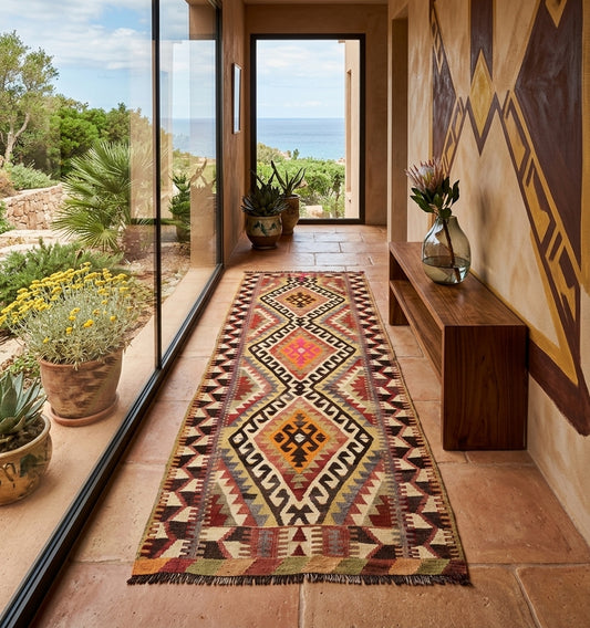 Kilim ancien Isparta 264×108 cm dans un couloir méditerranéen en Corse – carrelage en pierre, vue mer, console en bois et plantes succulentes.