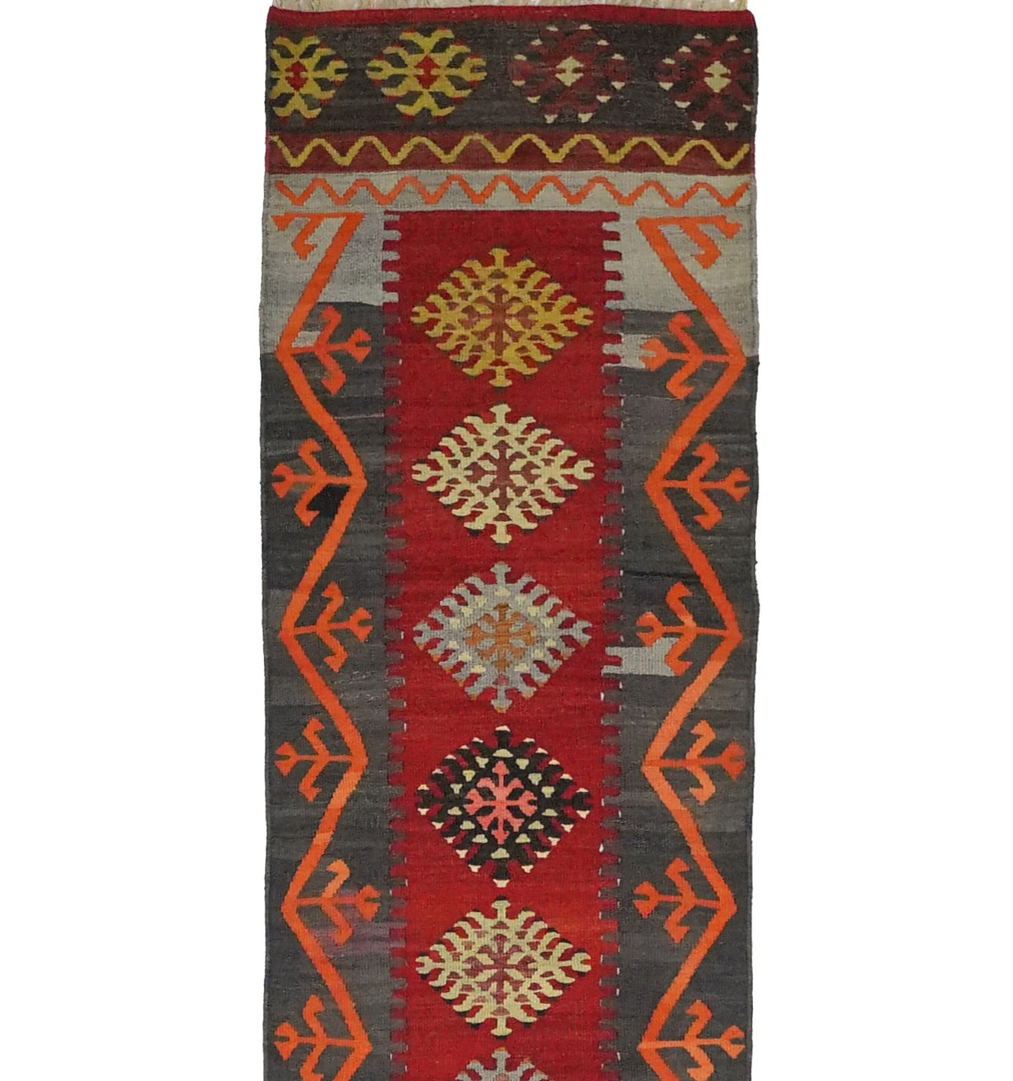 Détail du tissage – Tapis kilim ancien Kirsehir 420×62 cm, laine naturelle tissée main