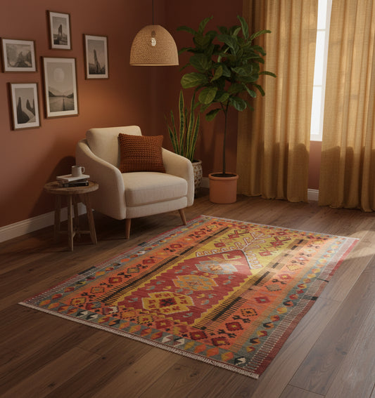 Kilim Obruk 180 x 120 cm en situation dans un intérieur moderne – Décoration provenance Obruk