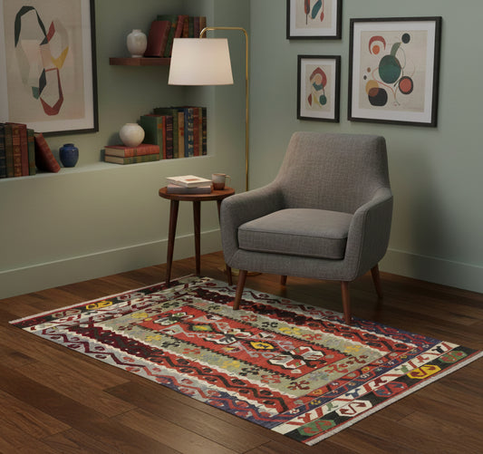 Kilim Pamukale 135 x 115 cm en situation dans un intérieur moderne – Décoration provenance Pamukale