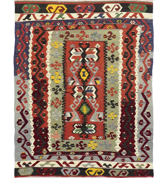 Kilim ancien Pamukkale 135×115 cm – Tapis kilim tissé main en laine naturelle, Anatolie de l'Ouest (Égée)