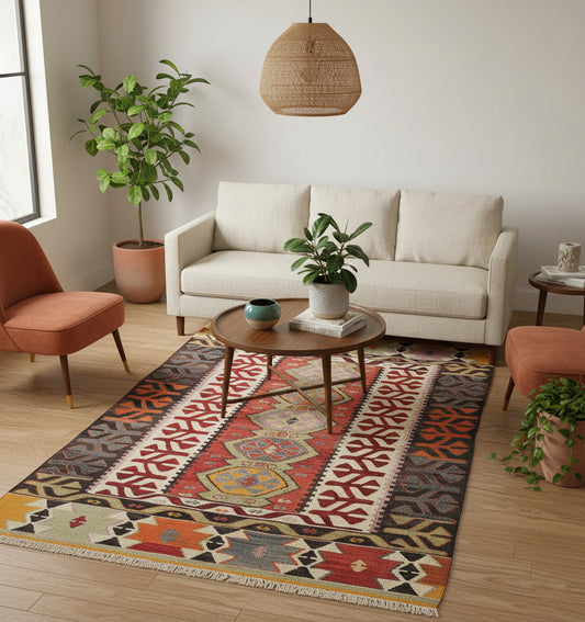 Kilim Pamukale 190 x 128 cm en situation dans un intérieur moderne – Décoration provenance Pamukale