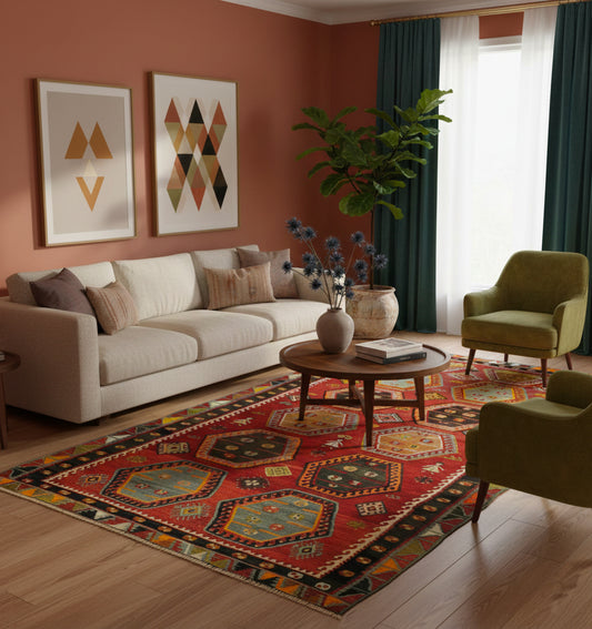 Kilim Sarkisla 350 x 162 cm en situation dans un intérieur moderne – Décoration provenance Sarkisla