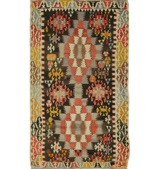 Kilim ancien Sihli 240×140 cm – Tapis kilim tissé main en laine naturelle, Anatolie de l'Ouest (Égée)