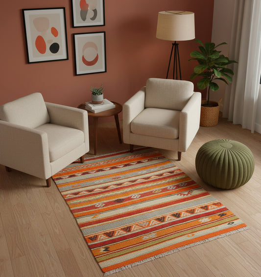 Kilim Sivas 125 x 110 cm en situation dans un intérieur moderne – Décoration provenance Sivas