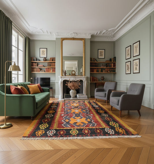 Kilim Yesilova 207 x 140 cm en situation dans un intérieur moderne – Décoration provenance Yesilova