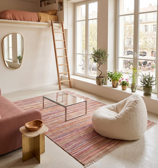 Kilim tissé main aux nuances chinées rose et corail, tapis kilim contemporain d'inspiration Anatolie posé sous une mezzanine à Marseille face à une place ensoleillée, pièce unique dans un intérieur baigné de lumière