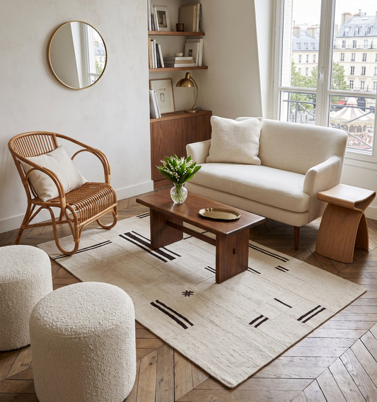 Kilim patchwork en chanvre, tapis contemporain tissé main à partir de kilims anciens d'Anatolie recomposés, motif rayé écru et brun posé sur parquet en chevrons dans un salon parisien avec vue sur les toits de Montmartre
