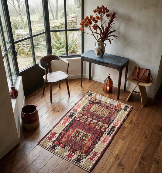 Petit tapis Kilim vintage rouge et beige en laine dans un coin bureau élégant avec parquet en chêne, chaise en bois courbé et console design.