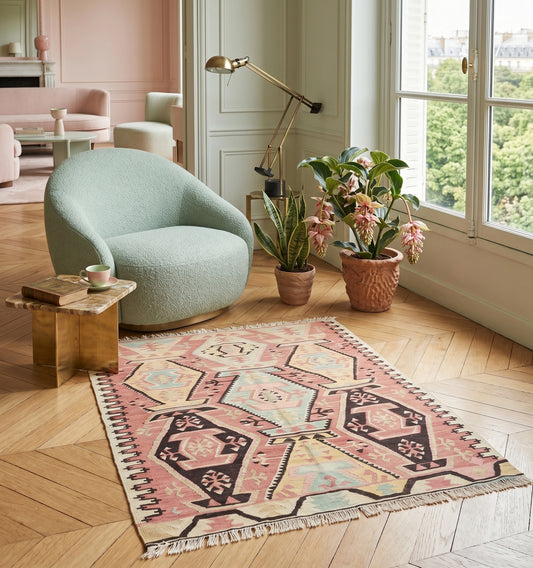 Tapis kilim Adana ancien de 134 x 100 cm, tissé à la main en Anatolie avec des motifs géométriques traditionnels et des nuances chaleureuses. Cette pièce d'artisanat unique sublime un appartement à Paris, apportant une note d'authenticité et de caractère bohème à un espace de vie baigné de lumière, harmonisant parfaitement avec un parquet et une décoration design raffinée.