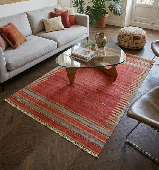 Tapis kilim Balikesir vintage de 65 ans, tissage artisanal d'Anatolie aux nuances de rouge et rayures délicates. Cette pièce authentique sublime un salon élégant à Bordeaux, créant un équilibre parfait entre le charme du parquet ancien et le design moderne d'une table basse en verre et d'un canapé contemporain.