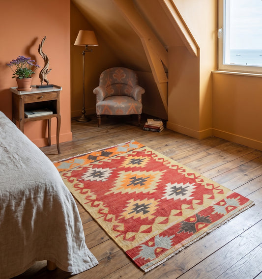 Petit tapis kilim Cal de 65 ans aux motifs de losanges ensoleillés ocre et terracotta, tissé à la main en Anatolie. Cette pièce artisanale apporte une atmosphère chaleureuse et authentique à une chambre sous les combles avec vue sur mer, s'harmonisant parfaitement avec les murs aux tons ambrés, un parquet ancien et un mobilier de charme.