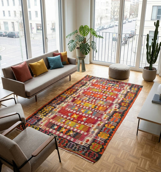Grand tapis kilim Cal de 70 ans aux motifs tribaux multicolores, tissé à la main en Anatolie. Cette pièce d'artisanat unique sublime un loft moderne à Genève, apportant une âme authentique et un contraste chaleureux avec le mobilier minimaliste et les grandes baies vitrées urbaines.