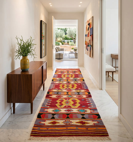 Tapis kilim Cal vintage de 60 ans en format galerie, aux motifs géométriques vibrants sur fond rouge, tissé à la main en Anatolie. Cette pièce d'artisanat d'exception dynamise un long couloir lumineux aux murs blancs et sol en marbre, créant une perspective chaleureuse vers un salon ouvert sur le jardin.