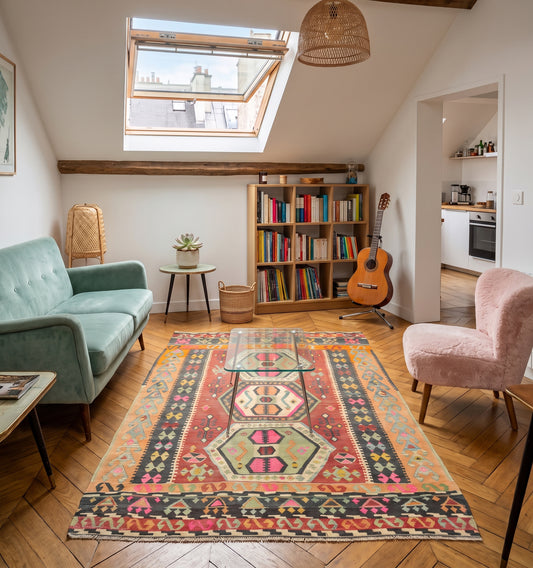 Tapis kilim ancien de Corum, tissé main en laine par des nomades d'Anatolie, médaillons hexagonaux rose et vert amande sur fond corail, posé dans un appartement à Montmartre sous velux face à une bibliothèque et une guitare classique