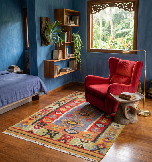 Petit tapis kilim Pamukkale de 70 ans aux motifs géométriques vibrants, tissé à la main en Anatolie. Cette pièce d'artisanat unique sublime une chambre de caractère aux murs bleu profond, créant un contraste chaleureux avec un fauteuil en velours rouge et un parquet en bois exotique.