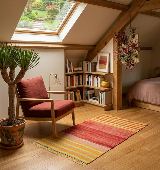 Tapis kilim en laine à rayures rouge, rose et jaune, tissé main, au sol d'un coin lecture dans une chambre mansardée chic avec parquet et poutres apparentes.
