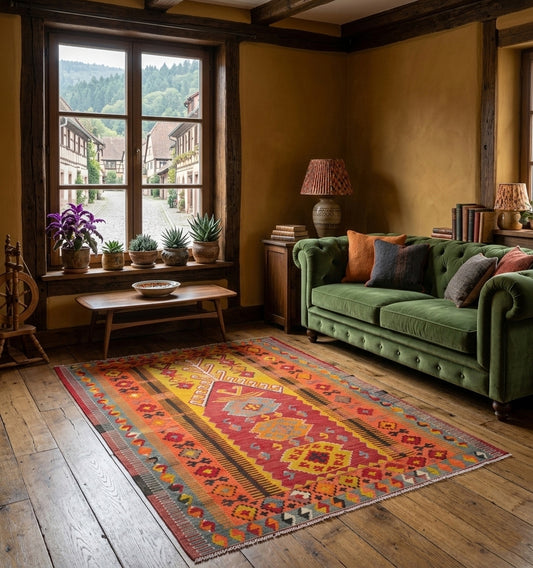 Salon de maison alsacienne avec tapis kilim géométrique multicolore, canapé en velours vert et vue sur rue pavée.