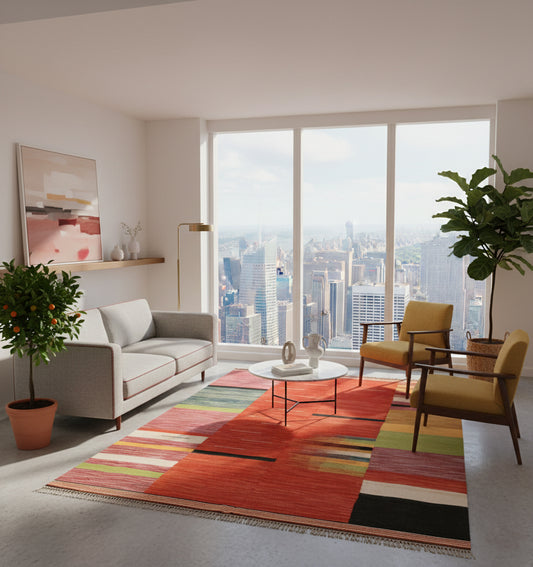 Grand tapis de salon en laine Art Deco aux blocs de couleurs orange, rouge et noir (308 x 201 cm) mis en situation dans un appartement de ville avec baie vitrée panoramique, canapé gris et fauteuils ocre