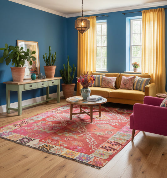 Grand tapis de salon en laine Adana aux motifs géométriques rose et orangé (256 x 222 cm) mis en situation dans un salon bohème avec murs bleu azur, canapé jaune moutarde, fauteuil rose fuchsia, rideaux dorés et grandes plantes grasses