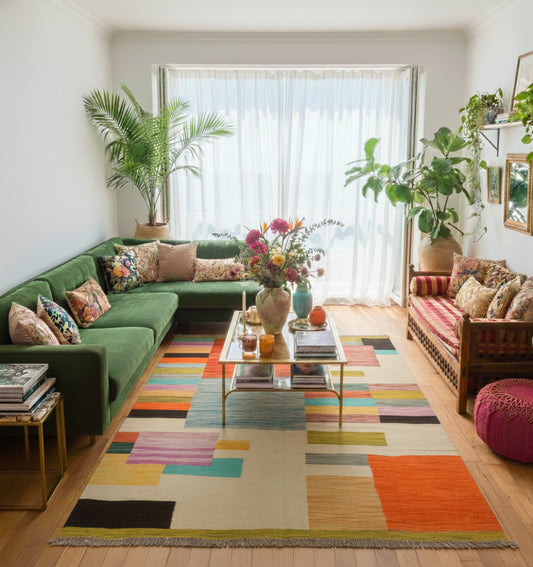 Tapis de salon kilim contemporain aux motifs géométriques asymétriques et colorés (247 x 179 cm) mis en situation dans un salon lumineux avec canapé d'angle vert forêt, banquette en bois sculpté, nombreuses plantes vertes et grande baie vitrée