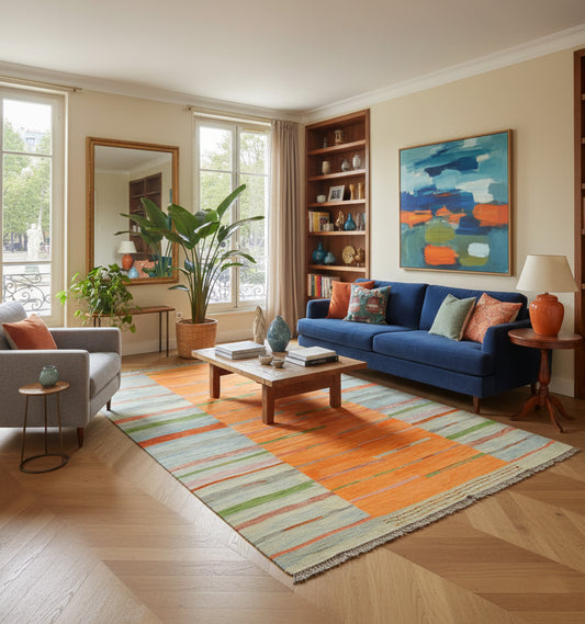 Grand tapis kilim contemporain aux larges rayures orange, vertes et grises (298 x 199 cm) mis en situation dans un salon lumineux avec canapé bleu canard, parquet en chevrons, grande toile abstraite et vue sur un parc parisien
