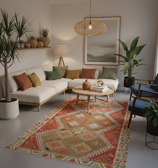 Tapis de salon en laine Kayserie aux motifs géométriques et couleurs chaudes (232 x 160 cm) mis en situation dans un salon moderne avec canapé d'angle blanc, fauteuils bleus, table basse ronde et luminaire en bois